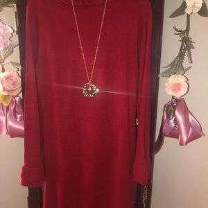 Beautiful wine color sweater dress with long gold holiday wreath necklace